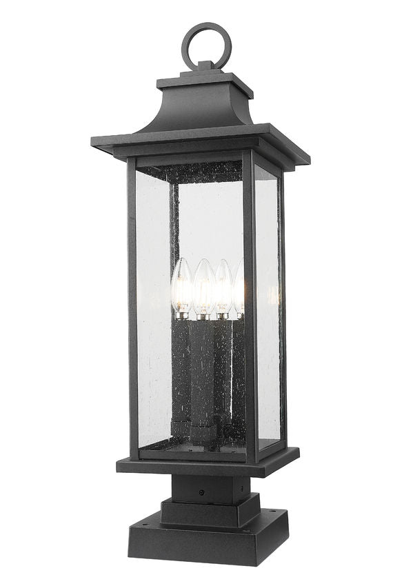 Z-Lite Tiberius 5017PHBS-SQPM-BK 4-Light Candelabra Base Black Aluminum Clear Seedy Glass Shade Outdoor Pier Mounted Fixture