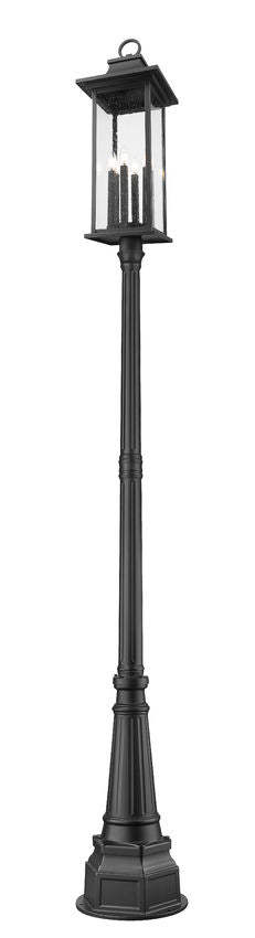 Z-Lite Tiberius 5017PHXLR-564P-BK 6-Light Candelabra Base Black Aluminum Clear Seedy Glass Shade Outdoor Post Mounted Fixture