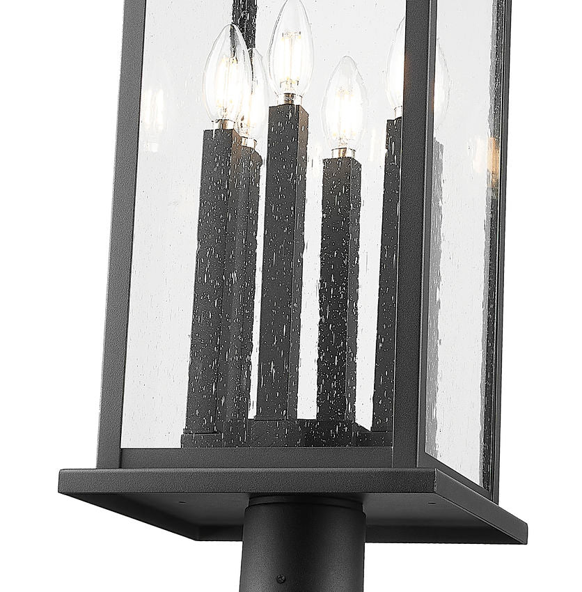 Z-Lite Tiberius 5017PHXLR-564P-BK 6-Light Candelabra Base Black Aluminum Clear Seedy Glass Shade Outdoor Post Mounted Fixture