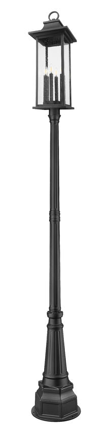 Z-Lite Tiberius 5017PHXLR-564P-BK 6-Light Candelabra Base Black Aluminum Clear Seedy Glass Shade Outdoor Post Mounted Fixture