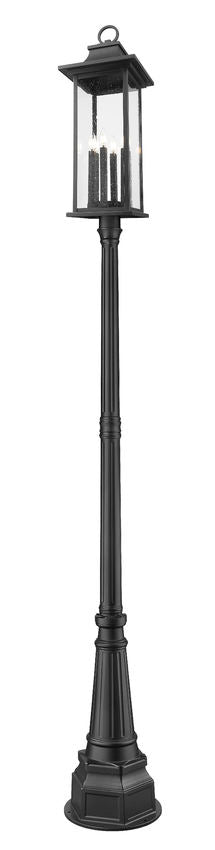 Z-Lite Tiberius 5017PHXLR-564P-BK 6-Light Candelabra Base Black Aluminum Clear Seedy Glass Shade Outdoor Post Mounted Fixture