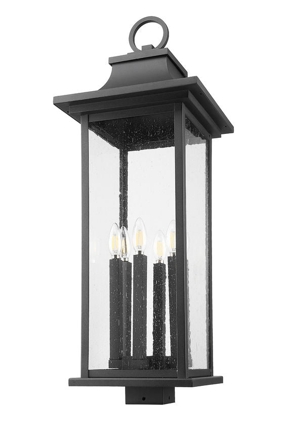 Z-Lite Tiberius 5017PHXLS-BK 6-Light Candelabra Base Black Aluminum Clear Seedy Glass Shade Outdoor Post Mount Fixture