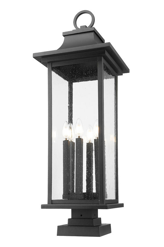 Z-Lite Tiberius 5017PHXLS-SQPM-BK 6-Light Candelabra Base Black Aluminum Clear Seedy Glass Shade Outdoor Pier Mounted Fixture