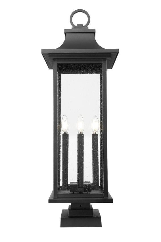 Z-Lite Tiberius 5017PHXLS-SQPM-BK 6-Light Candelabra Base Black Aluminum Clear Seedy Glass Shade Outdoor Pier Mounted Fixture