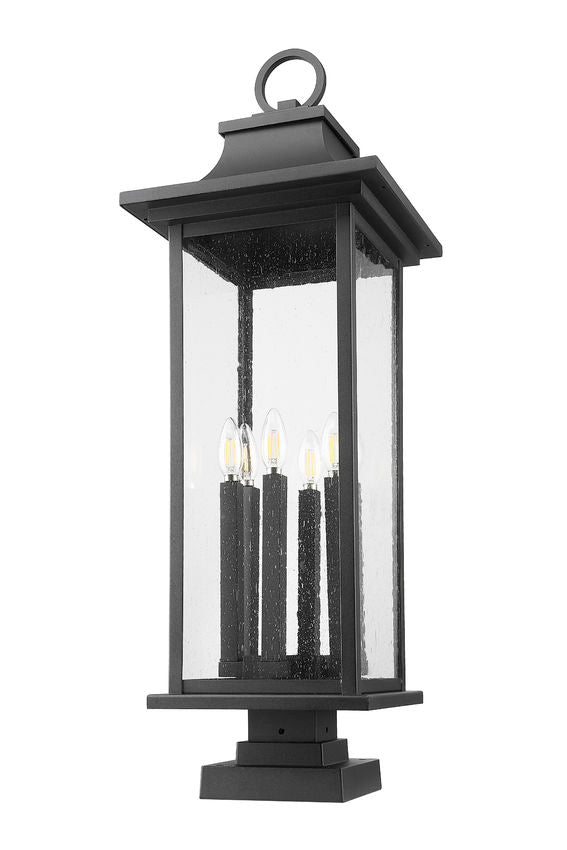 Z-Lite Tiberius 5017PHXLS-SQPM-BK 6-Light Candelabra Base Black Aluminum Clear Seedy Glass Shade Outdoor Pier Mounted Fixture