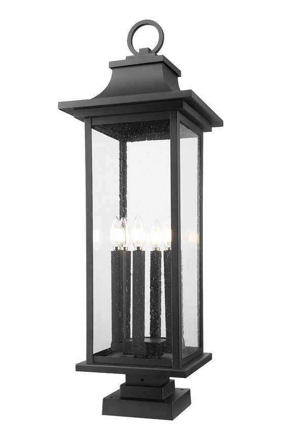 Z-Lite Tiberius 5017PHXLS-SQPM-BK 6-Light Candelabra Base Black Aluminum Clear Seedy Glass Shade Outdoor Pier Mounted Fixture