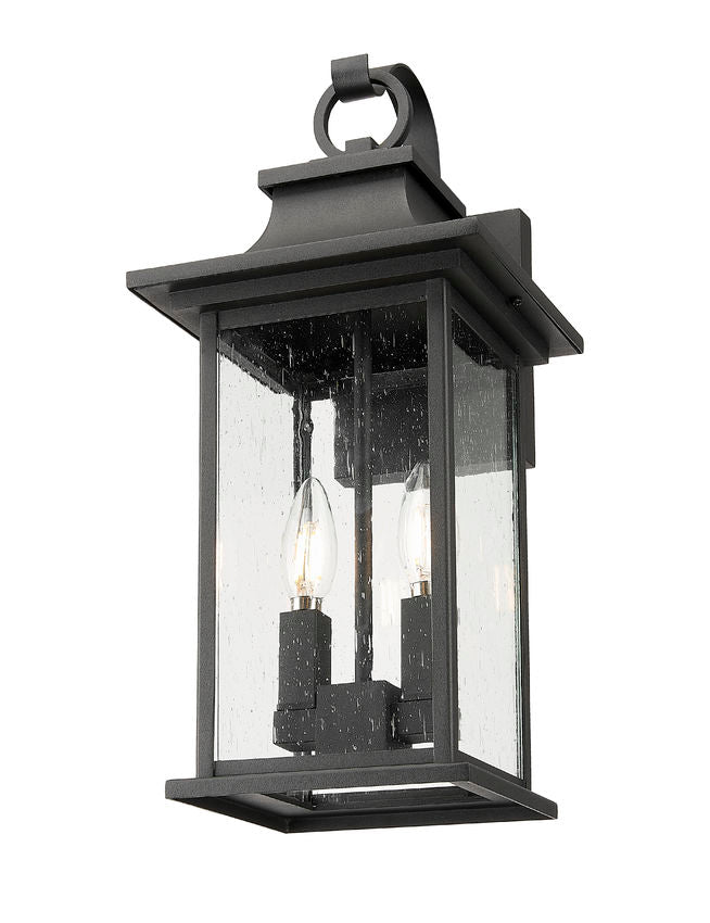 Z-Lite Tiberius 9" 2-Light Candelabra Base Black Aluminum Clear Seedy Glass Shade Outdoor Wall Light