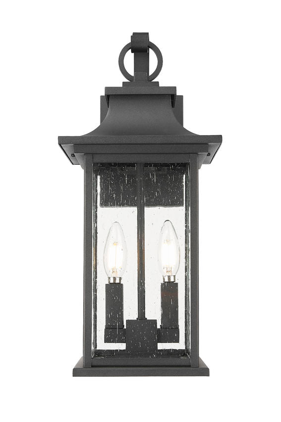 Z-Lite Tiberius 9" 2-Light Candelabra Base Black Aluminum Clear Seedy Glass Shade Outdoor Wall Light