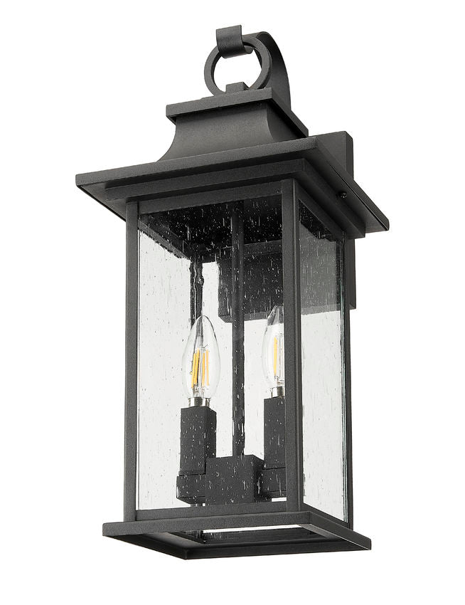 Z-Lite Tiberius 9" 2-Light Candelabra Base Black Aluminum Clear Seedy Glass Shade Outdoor Wall Light