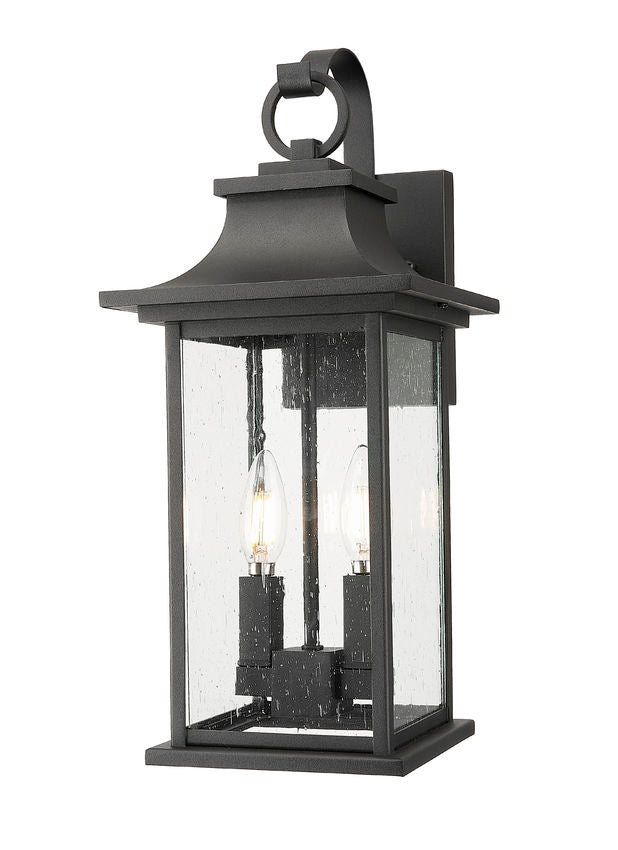 Z-Lite Tiberius 9" 2-Light Candelabra Base Black Aluminum Clear Seedy Glass Shade Outdoor Wall Light