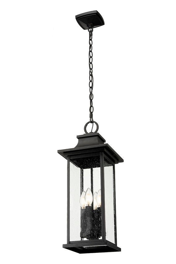 Z-Lite Tiberius 9" 4-Light Candelabra Base Black Aluminum Clear Seedy Glass Shade Outdoor Chain Mount Ceiling Fixture