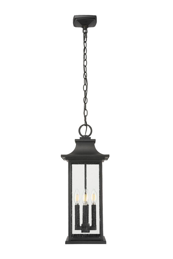 Z-Lite Tiberius 9" 4-Light Candelabra Base Black Aluminum Clear Seedy Glass Shade Outdoor Chain Mount Ceiling Fixture