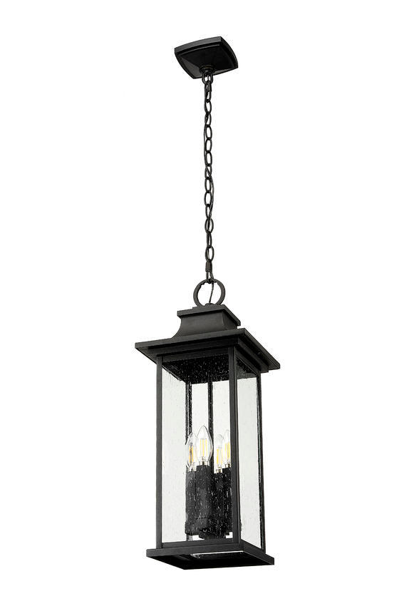 Z-Lite Tiberius 9" 4-Light Candelabra Base Black Aluminum Clear Seedy Glass Shade Outdoor Chain Mount Ceiling Fixture