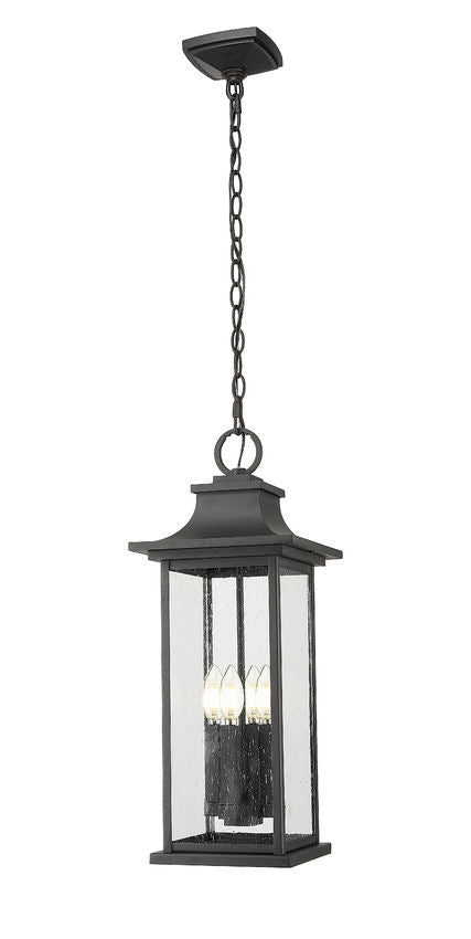 Z-Lite Tiberius 9" 4-Light Candelabra Base Black Aluminum Clear Seedy Glass Shade Outdoor Chain Mount Ceiling Fixture