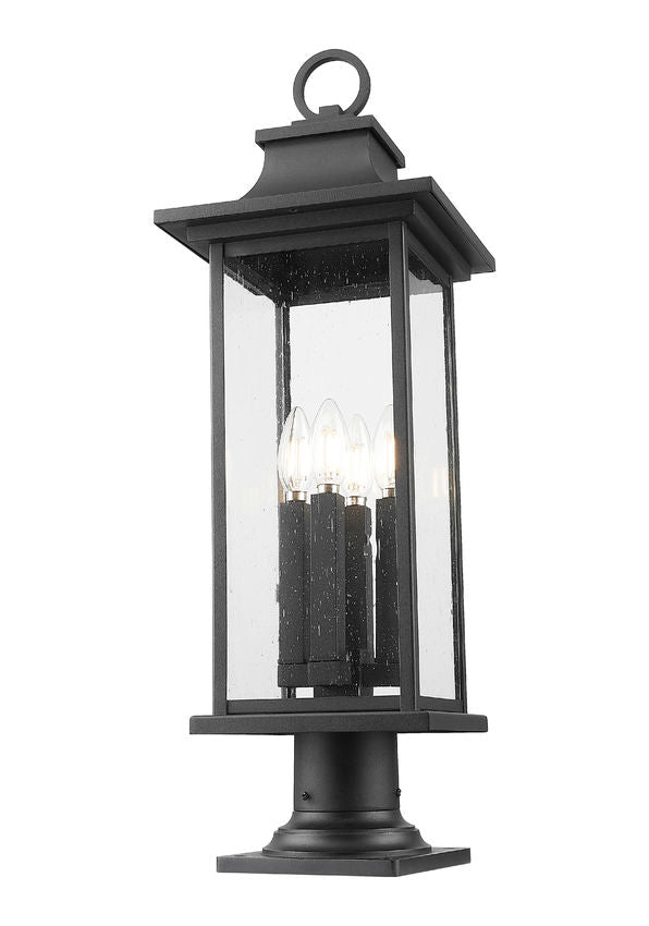 Z-Lite Tiberius 9" 4-Light Candelabra Base Black Aluminum Clear Seedy Glass Shade Outdoor Pier Mounted Fixture