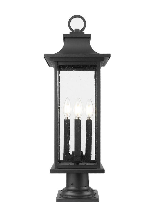 Z-Lite Tiberius 9" 4-Light Candelabra Base Black Aluminum Clear Seedy Glass Shade Outdoor Pier Mounted Fixture