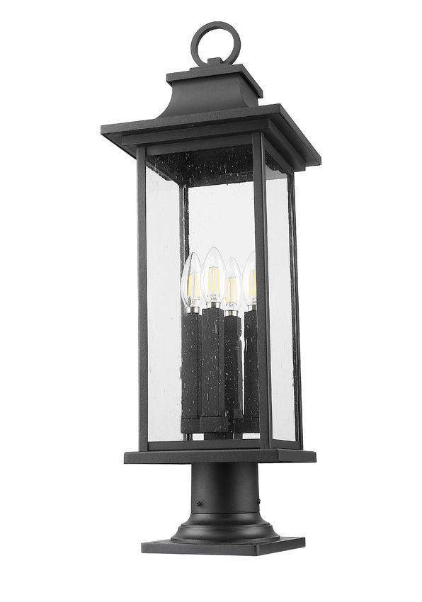 Z-Lite Tiberius 9" 4-Light Candelabra Base Black Aluminum Clear Seedy Glass Shade Outdoor Pier Mounted Fixture
