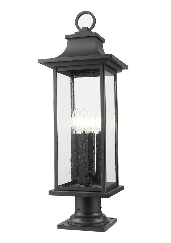 Z-Lite Tiberius 9" 4-Light Candelabra Base Black Aluminum Clear Seedy Glass Shade Outdoor Pier Mounted Fixture