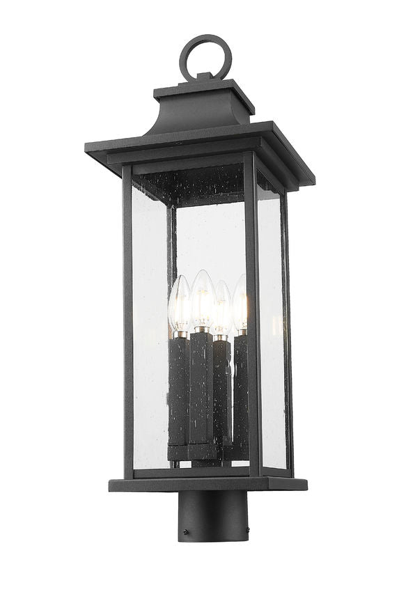 Z-Lite Tiberius 9" 4-Light Candelabra Base Black Aluminum Clear Seedy Glass Shade Outdoor Post Mount Fixture