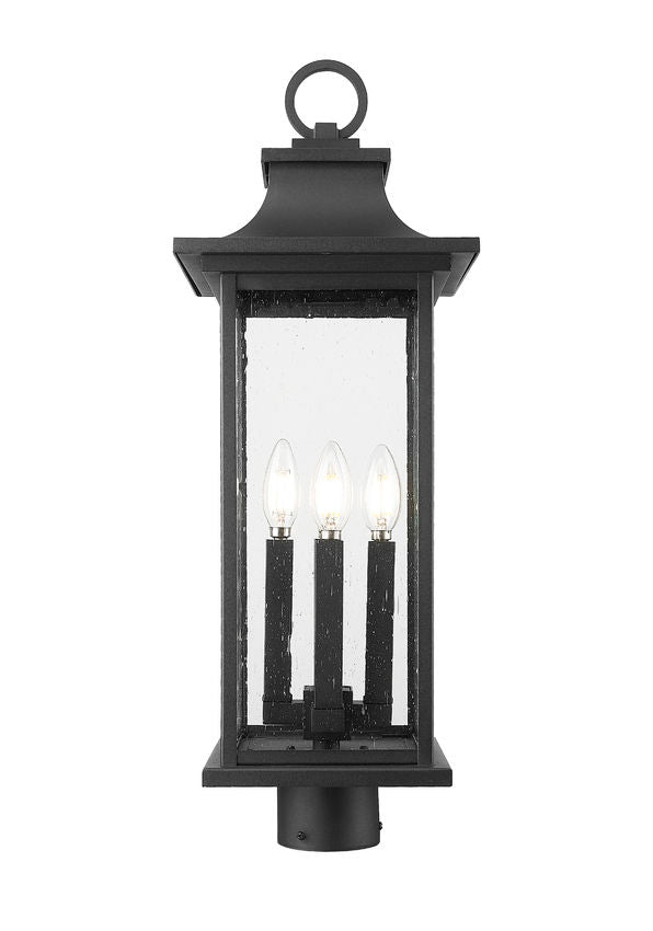 Z-Lite Tiberius 9" 4-Light Candelabra Base Black Aluminum Clear Seedy Glass Shade Outdoor Post Mount Fixture