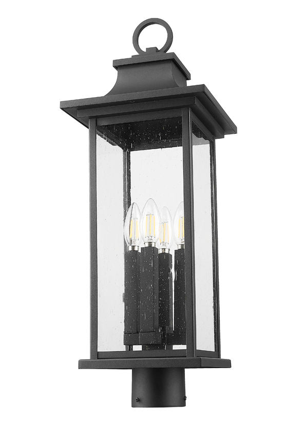 Z-Lite Tiberius 9" 4-Light Candelabra Base Black Aluminum Clear Seedy Glass Shade Outdoor Post Mount Fixture