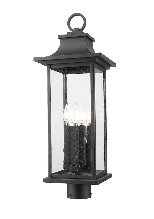 Z-Lite Tiberius 9" 4-Light Candelabra Base Black Aluminum Clear Seedy Glass Shade Outdoor Post Mount Fixture