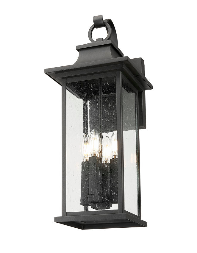 Z-Lite Tiberius 9" 4-Light Candelabra Base Black Aluminum Clear Seedy Glass Shade Outdoor Wall Light