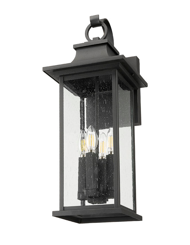 Z-Lite Tiberius 9" 4-Light Candelabra Base Black Aluminum Clear Seedy Glass Shade Outdoor Wall Light