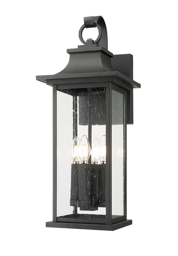 Z-Lite Tiberius 9" 4-Light Candelabra Base Black Aluminum Clear Seedy Glass Shade Outdoor Wall Light