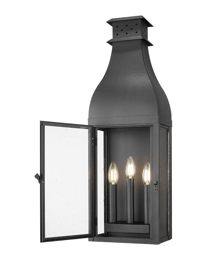 Z-Lite Toulouse 3-Light Candelabra Aluminum and Stainless Steel Sand Black Frame Clear Seedy Glass Shade Outdoor Wall Light