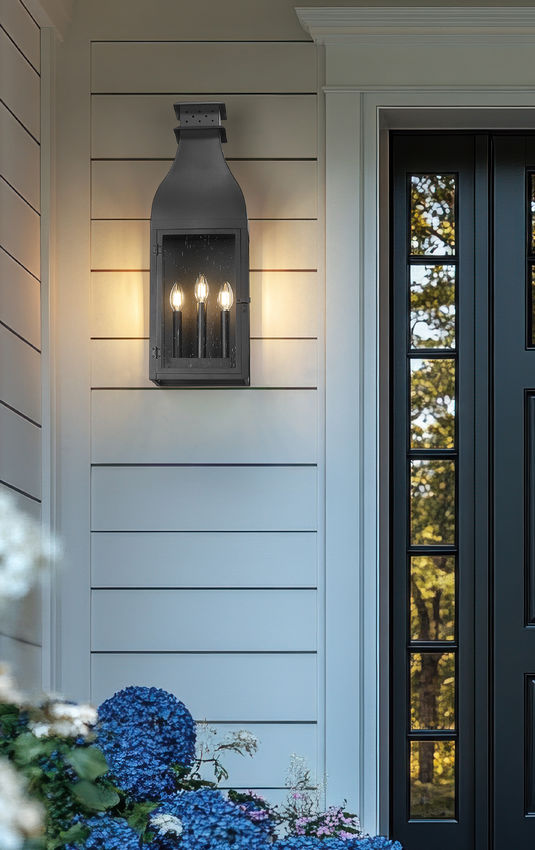 Z-Lite Toulouse 3-Light Candelabra Aluminum and Stainless Steel Sand Black Frame Clear Seedy Glass Shade Outdoor Wall Light