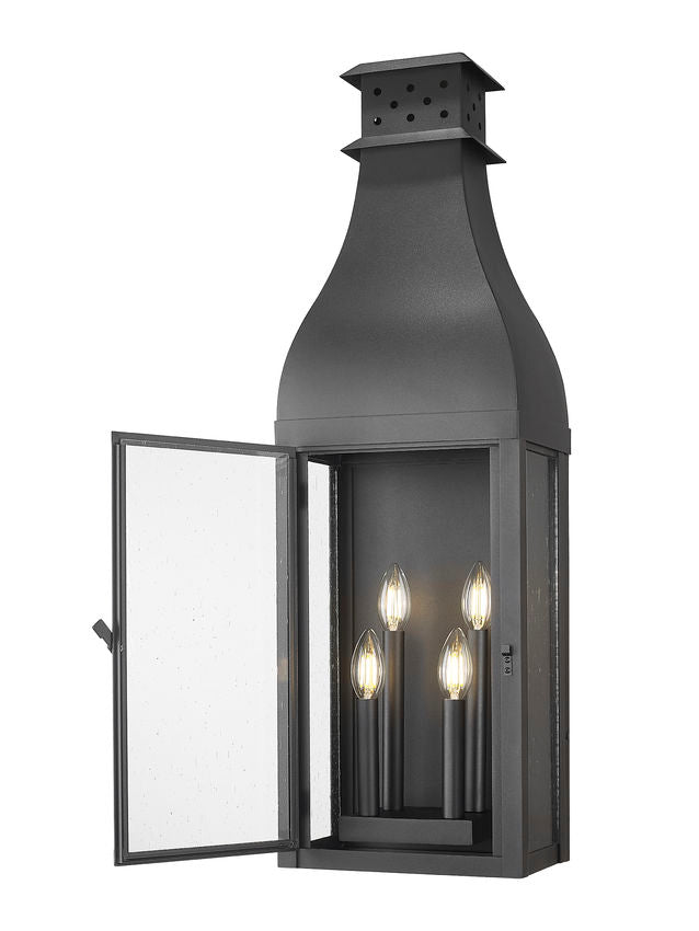 Z-Lite Toulouse 4-Light Candelabra Aluminum and Stainless Steel Sand Black Frame Clear Seedy Glass Shade Outdoor Wall Light