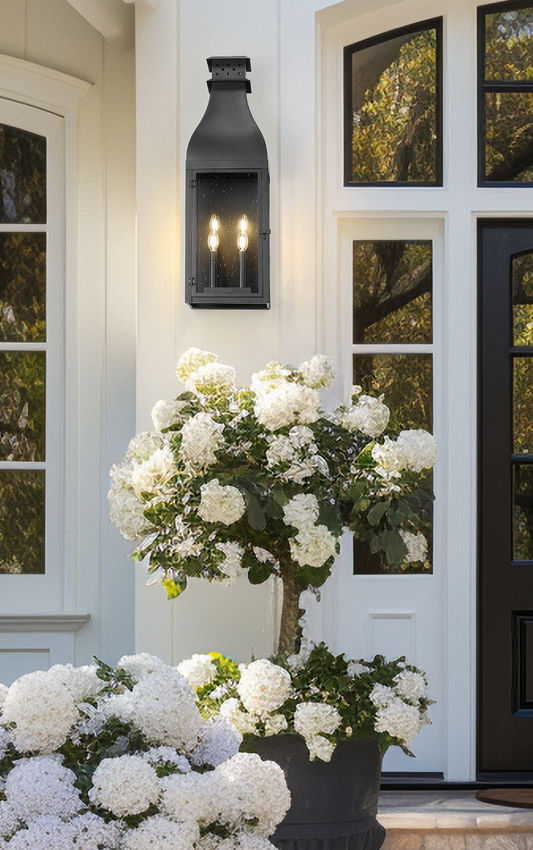 Z-Lite Toulouse 4-Light Candelabra Aluminum and Stainless Steel Sand Black Frame Clear Seedy Glass Shade Outdoor Wall Light