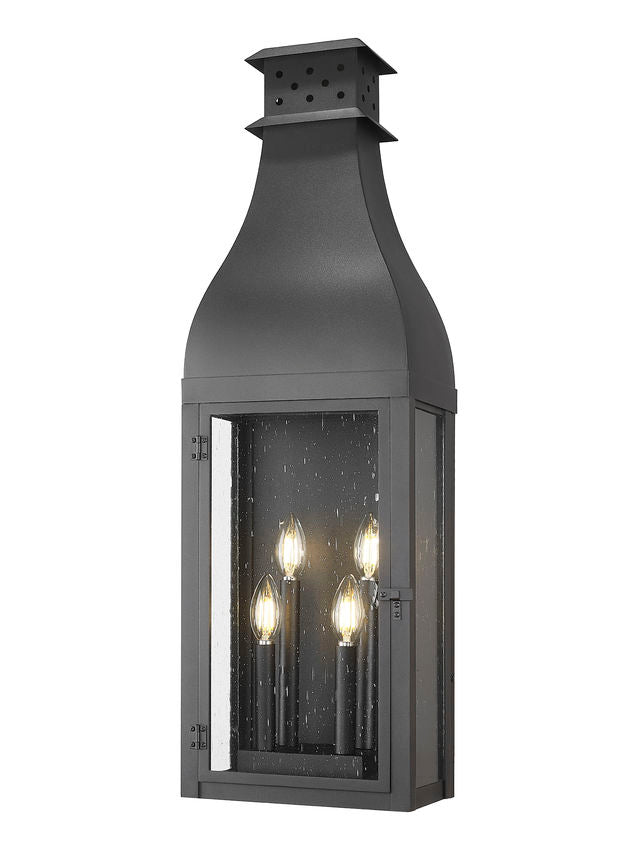 Z-Lite Toulouse 4-Light Candelabra Aluminum and Stainless Steel Sand Black Frame Clear Seedy Glass Shade Outdoor Wall Light