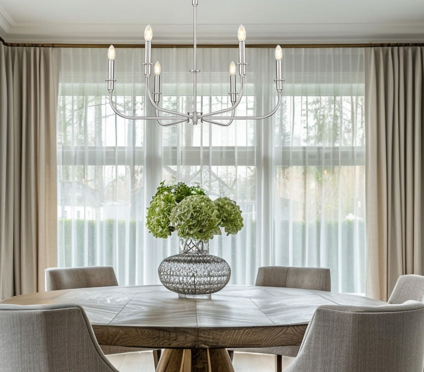 Z-Lite Tova 37" 6-Light Brushed Nickel Steel Frame White Fabric Shade Chandelier