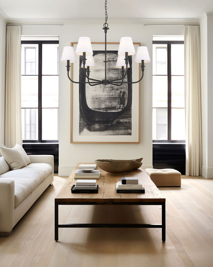 Z-Lite Tova 37" 6-Light Matte Black Steel Frame White Fabric Shade Chandelier
