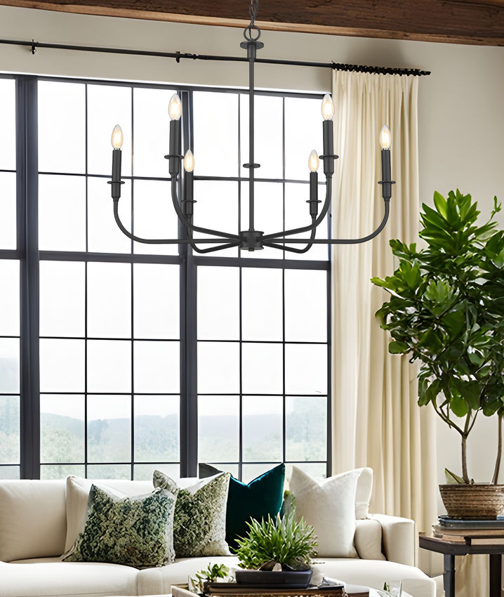 Z-Lite Tova 37" 6-Light Matte Black Steel Frame White Fabric Shade Chandelier