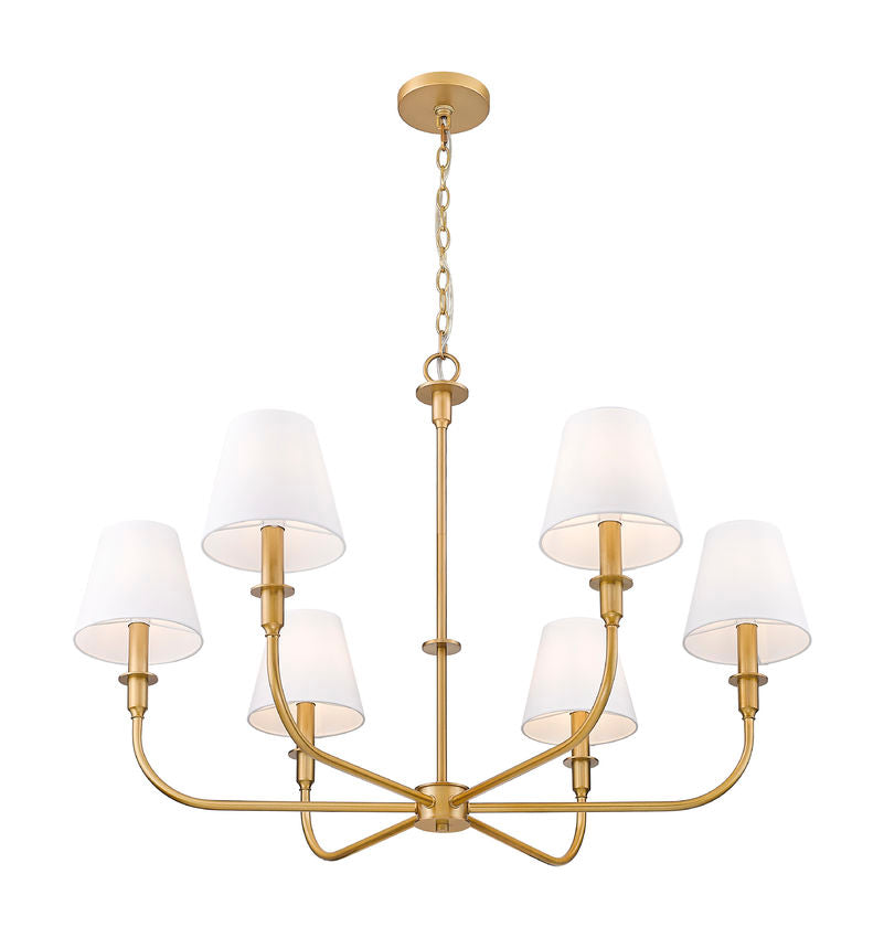 Z-Lite Tova 37" 6-Light Matte Rubbed Brass Frame White Fabric Shade Chandelier