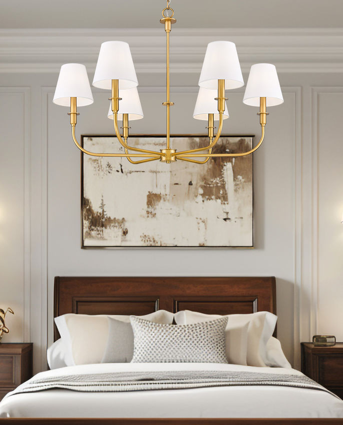 Z-Lite Tova 37" 6-Light Matte Rubbed Brass Frame White Fabric Shade Chandelier