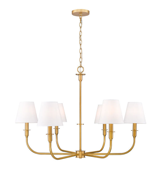 Z-Lite Tova 37" 6-Light Matte Rubbed Brass Frame White Fabric Shade Chandelier
