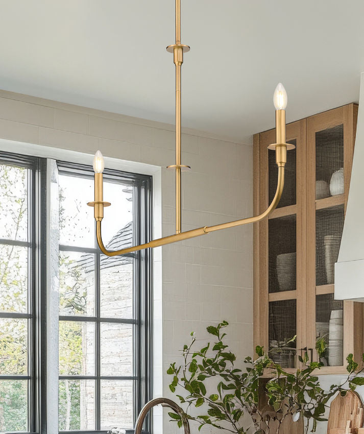 Z-Lite Tova 46" 2-Light Rubbed Brass Steel Frame White Fabric Shade Linear Chandelier
