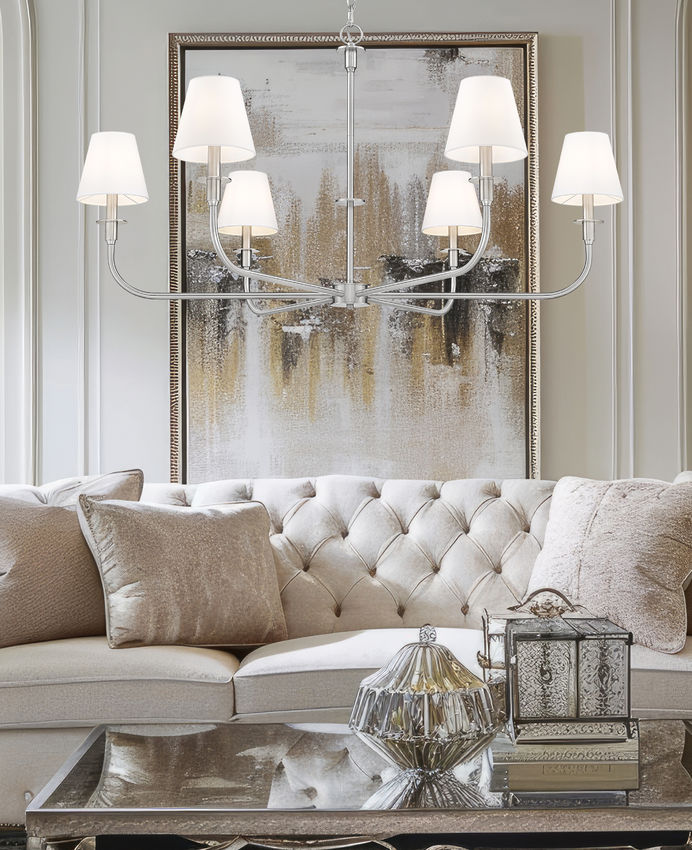Z-Lite Tova 49" 6-Light Brushed Nickel Steel Frame White Fabric Shade Chandelier