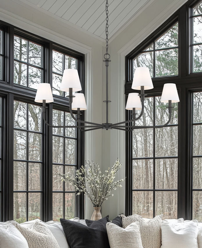 Z-Lite Tova 49" 6-Light Matte Black Steel Frame White Fabric Shade Chandelier