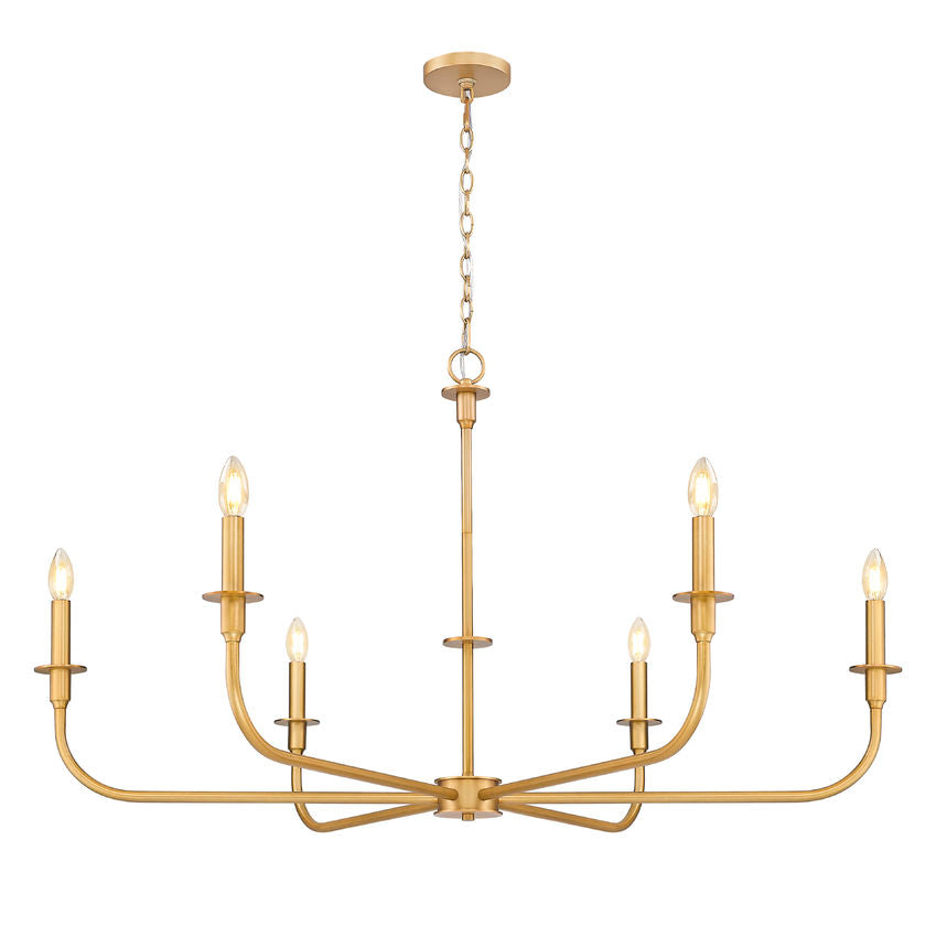 Z-Lite Tova 49" 6-Light Rubbed Brass Steel Frame White Fabric Shade Chandelier