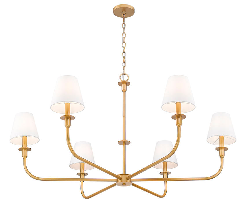 Z-Lite Tova 49" 6-Light Rubbed Brass Steel Frame White Fabric Shade Chandelier