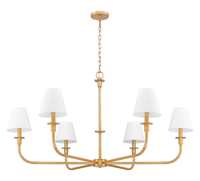 Z-Lite Tova 49" 6-Light Rubbed Brass Steel Frame White Fabric Shade Chandelier