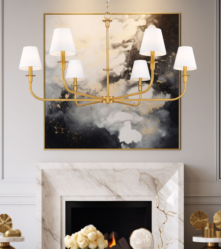 Z-Lite Tova 49" 6-Light Rubbed Brass Steel Frame White Fabric Shade Chandelier