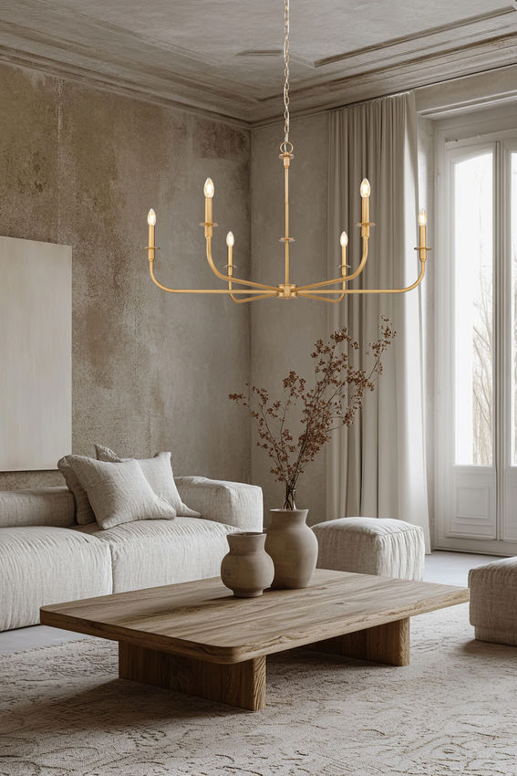 Z-Lite Tova 49" 6-Light Rubbed Brass Steel Frame White Fabric Shade Chandelier