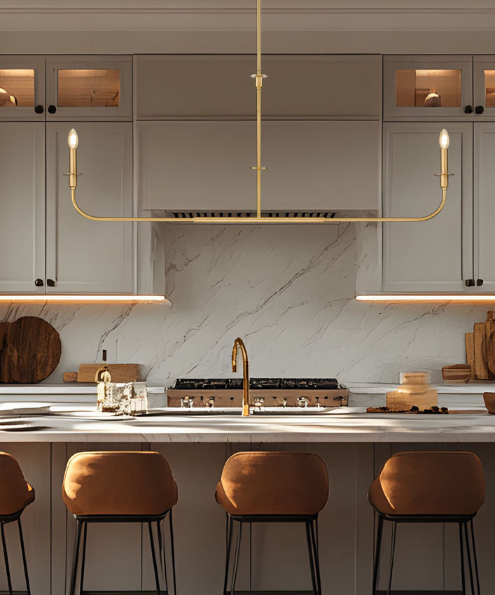 Z-Lite Tova 64" 2-Light Rubbed Brass Steel Frame White Fabric Shade Linear Chandelier