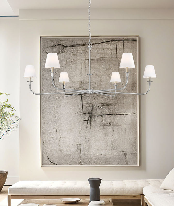 Z-Lite Tova 66" 6-Light Brushed Nickel Steel Frame White Fabric Shade Chandelier
